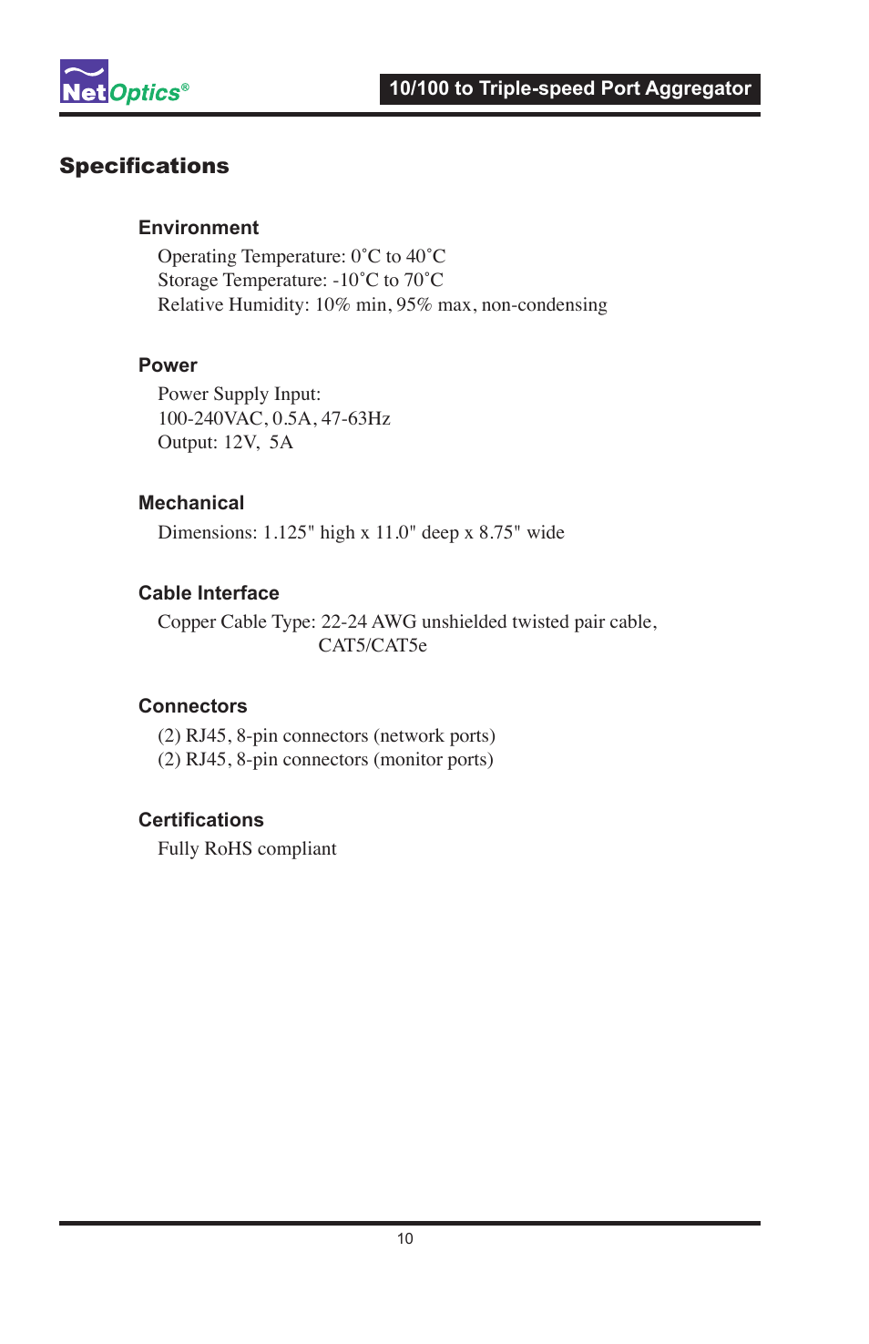 Net Optics 10_100 to Triple-speed Port Aggregator User Manual | Page 14 / 16