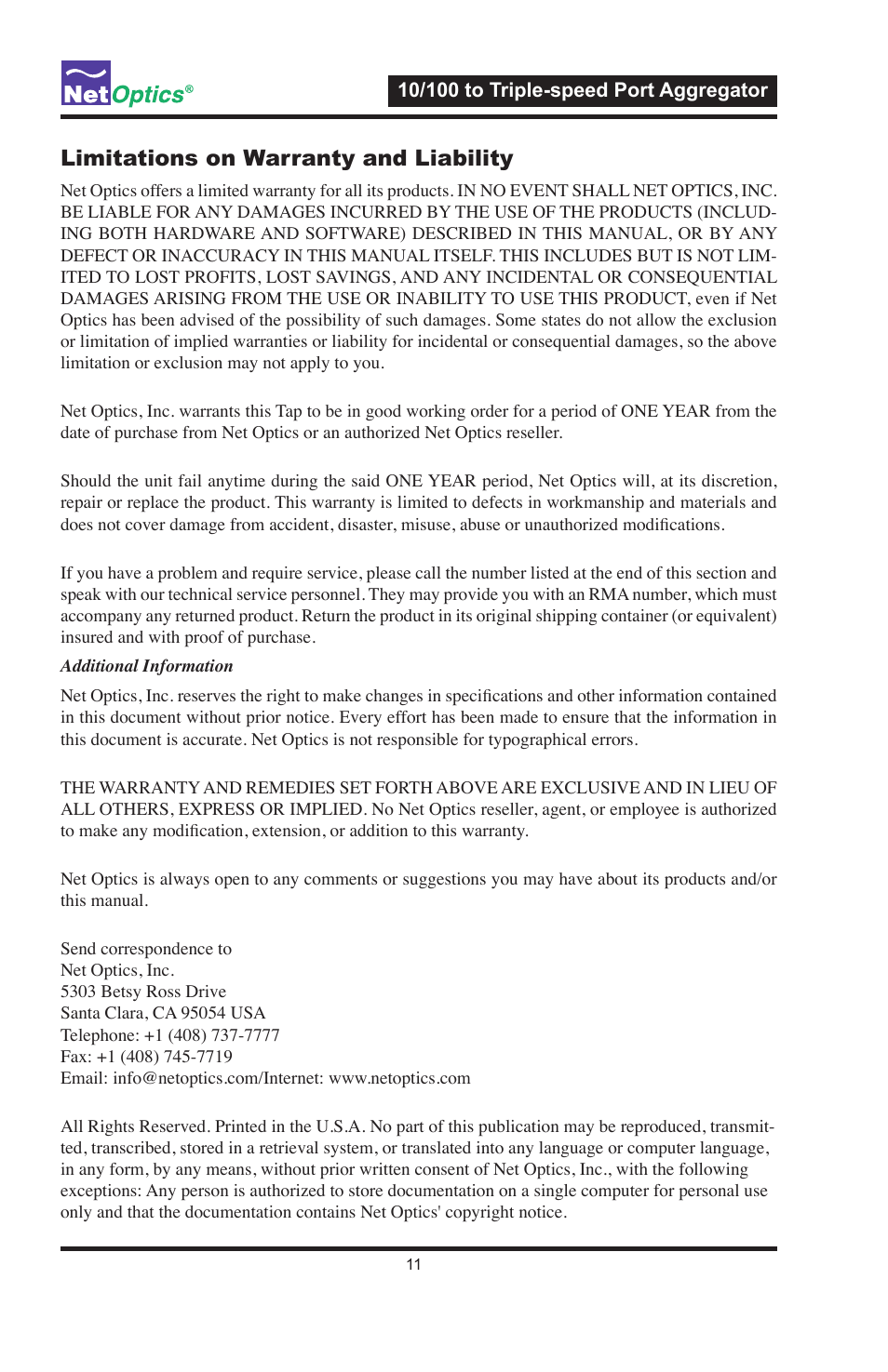 Limitations on warranty and liability | Net Optics 10_100 to Triple-speed Port Aggregator User Manual | Page 15 / 16