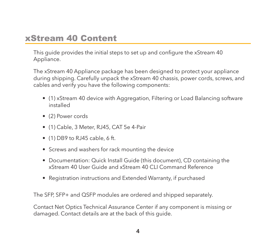 Xstream 40 content | Net Optics xStream 40 User Manual | Page 4 / 16