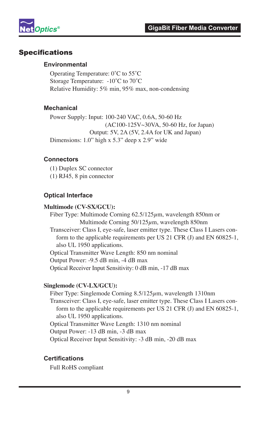 Net Optics GigaBit Fiber Media Converter User Manual | Page 13 / 16
