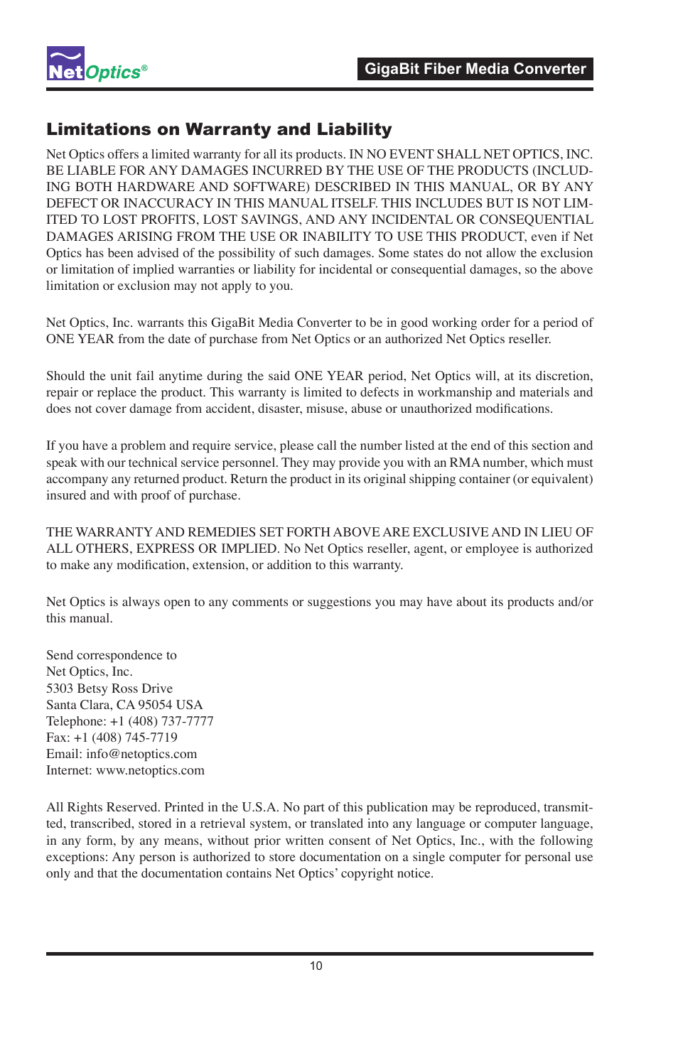 Limitations on warranty and liability | Net Optics GigaBit Fiber Media Converter User Manual | Page 14 / 16