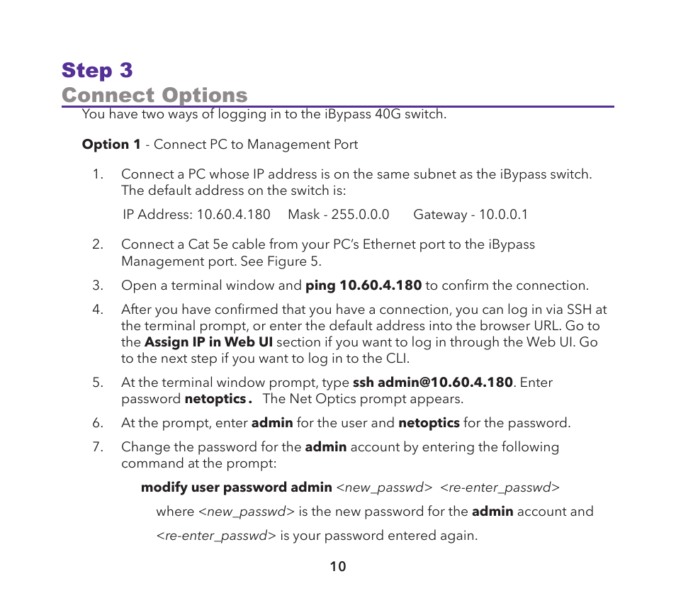 Step 3 connect options | Net Optics iBypass 40G User Manual | Page 10 / 20