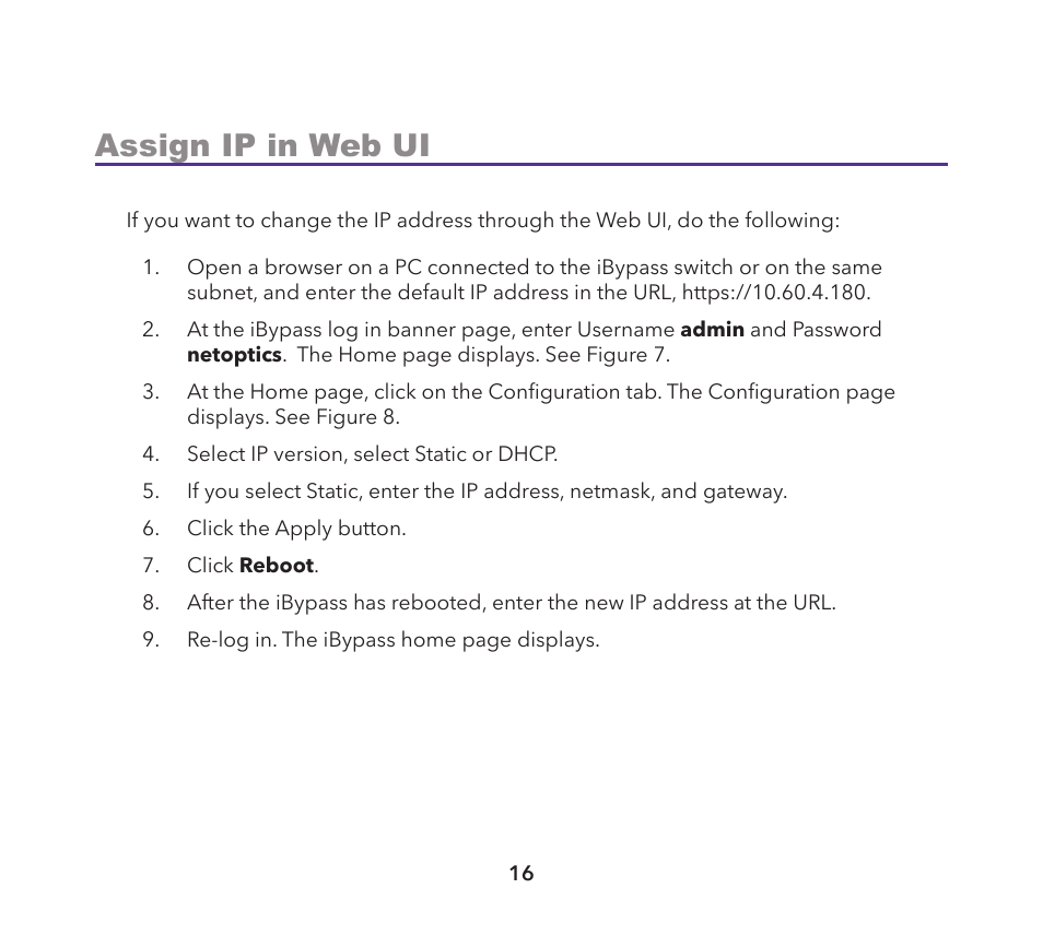 Assign ip in web ui | Net Optics iBypass 40G User Manual | Page 16 / 20