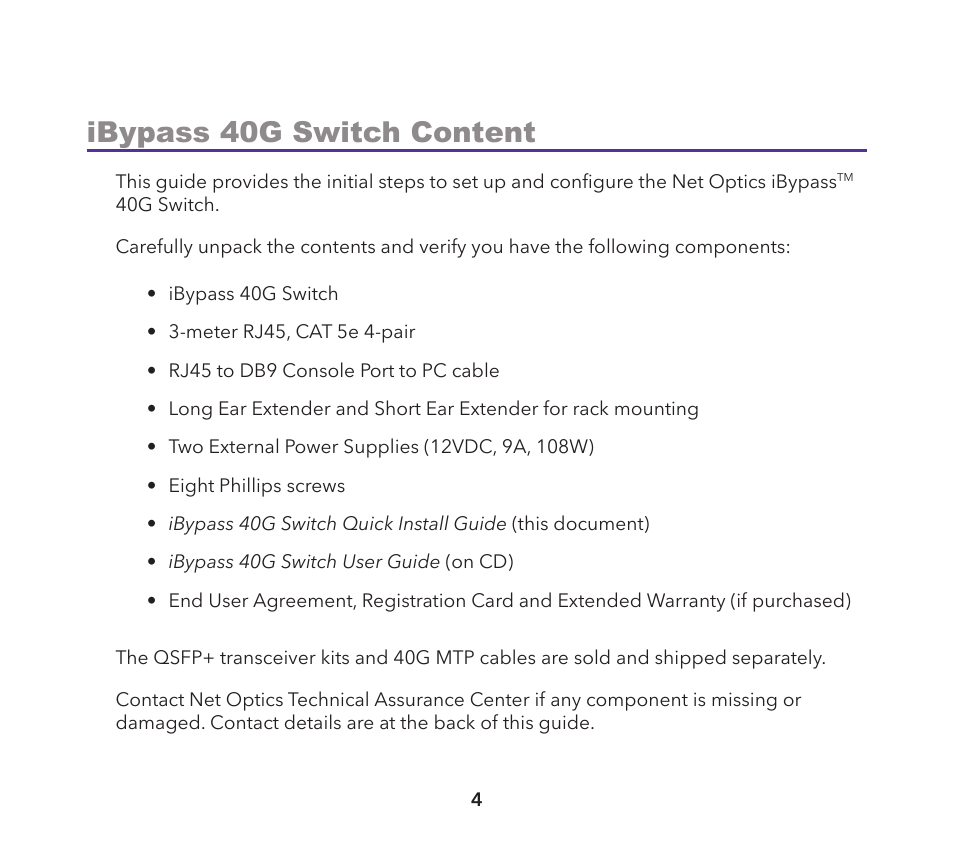 Ibypass 40g switch content | Net Optics iBypass 40G User Manual | Page 4 / 20