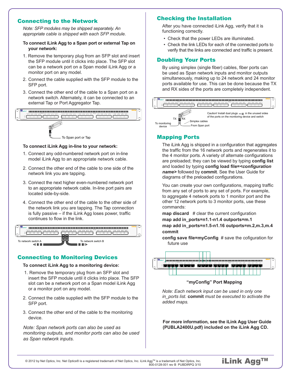 Ilink agg, Checking the installation, Doubling your ports | Mapping ports, Connecting to the network, Connecting to monitoring devices | Net Optics iLink Agg Link Aggregator Tap User Manual | Page 2 / 2