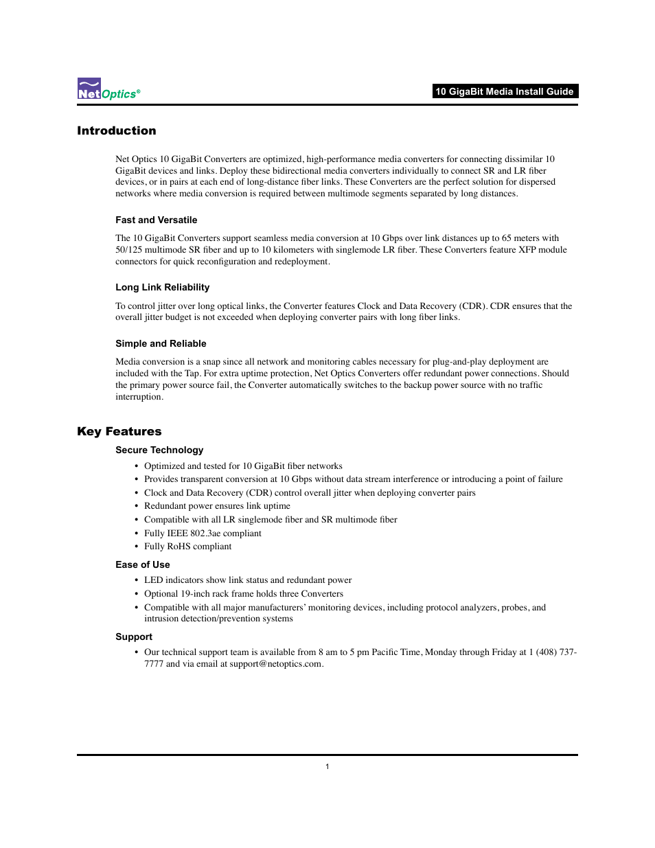 Introduction, Key features, Introduction key features | Net Optics 10 GigaBit Media Converter User Manual | Page 4 / 10