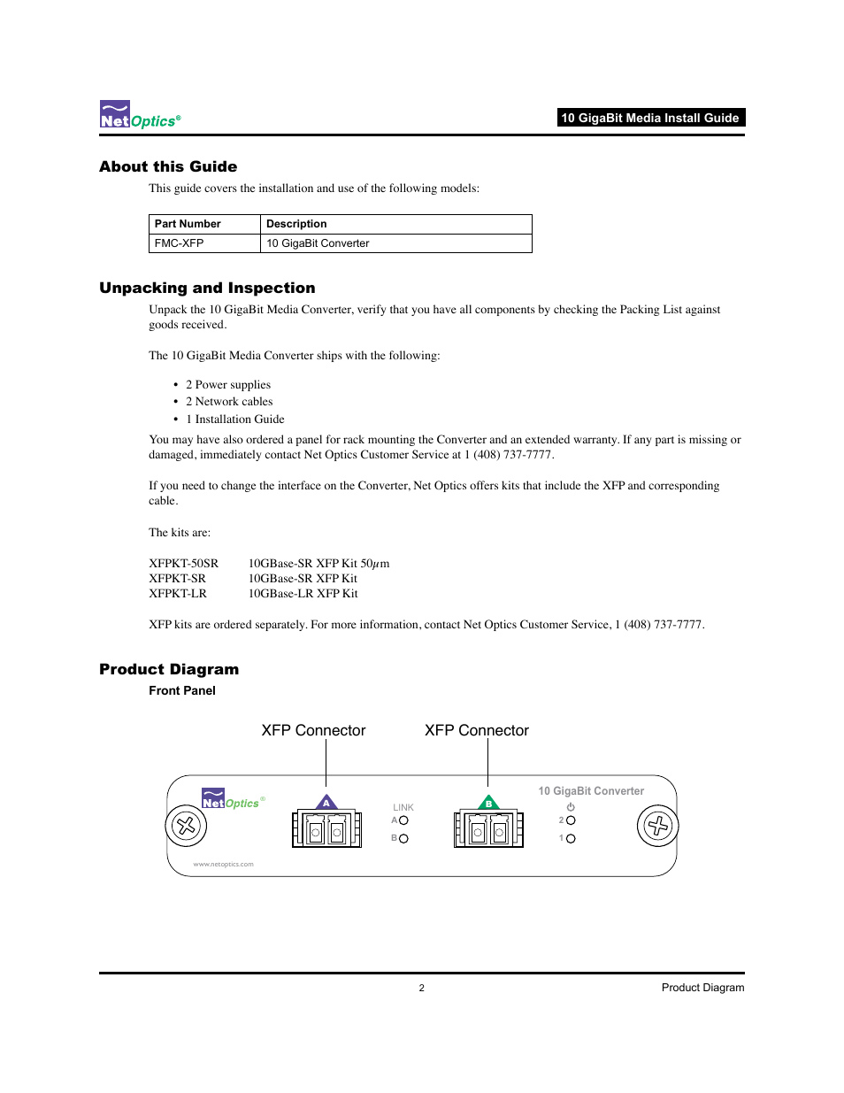 About this guide, Unpacking and inspection, Product diagram | Xfp connector | Net Optics 10 GigaBit Media Converter User Manual | Page 5 / 10