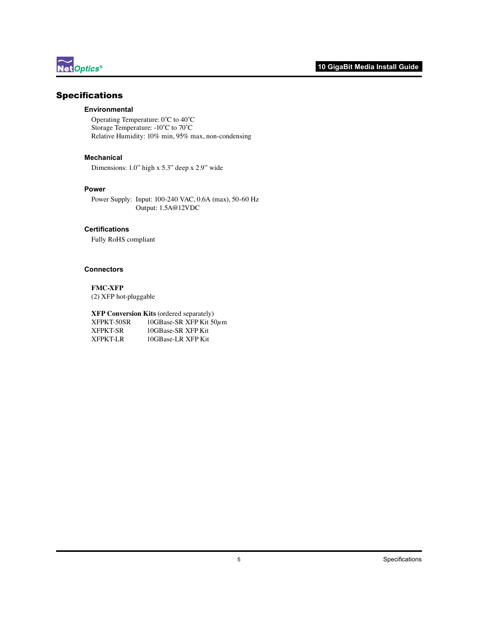 Specifications | Net Optics 10 GigaBit Media Converter User Manual | Page 8 / 10