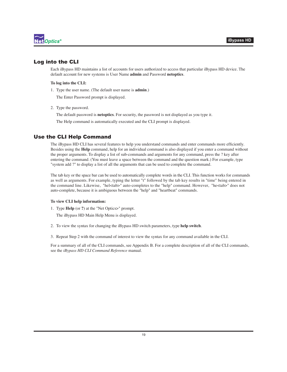 Log into the cli use the cli help command | Net Optics iBypass HD User Manual | Page 23 / 49