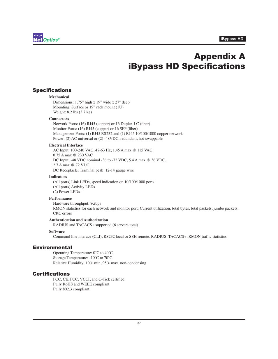 Appendix a ibypass hd specifications | Net Optics iBypass HD User Manual | Page 41 / 49