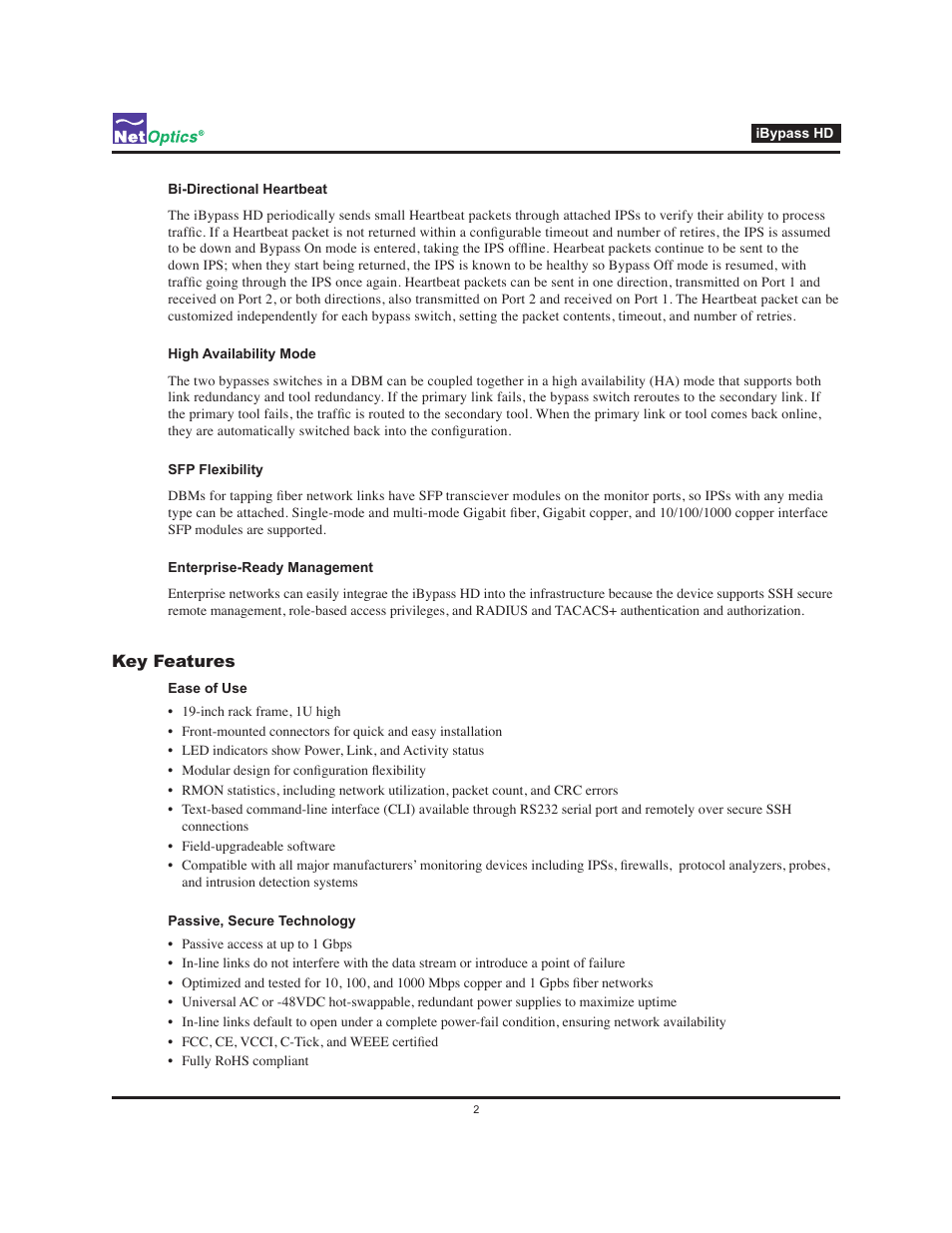 Key features | Net Optics iBypass HD User Manual | Page 6 / 49