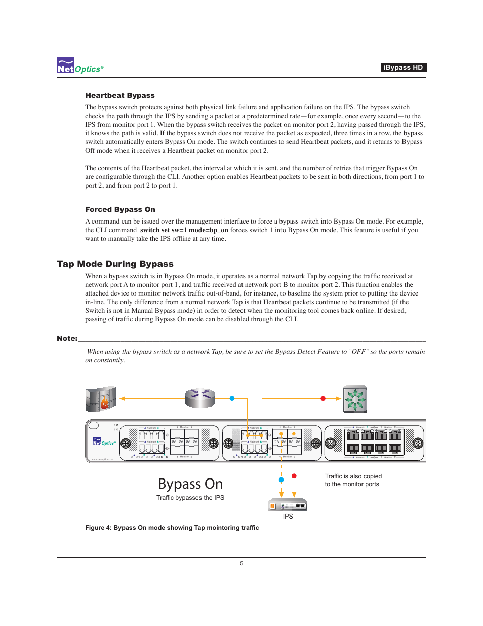 Heartbeat bypass forced bypass on, Tap mode during bypass, Bypass on | Net Optics iBypass HD User Manual | Page 9 / 49