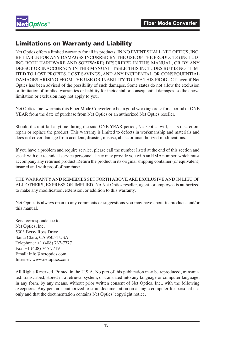 Limitations on warranty and liability | Net Optics Fiber Mode Converters User Manual | Page 17 / 20