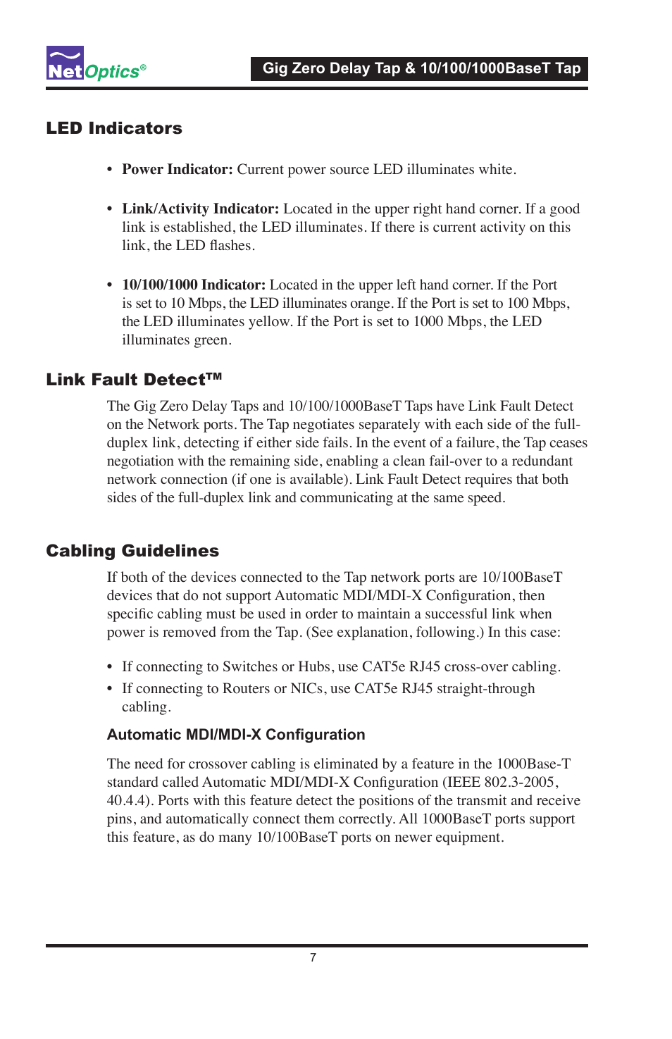 Led indicators, Link fault detecttm, Cabling guidelines | Link fault detect | Net Optics 10_100_1000BaseT Tap User Manual | Page 10 / 16