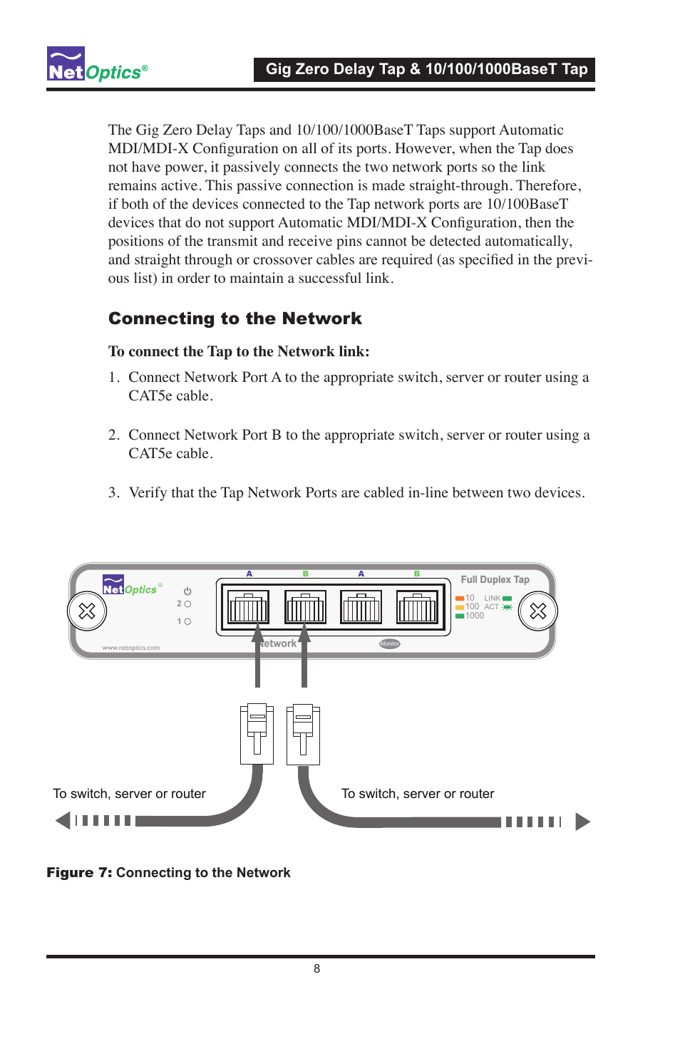 Connecting to the network | Net Optics 10_100_1000BaseT Tap User Manual | Page 11 / 16