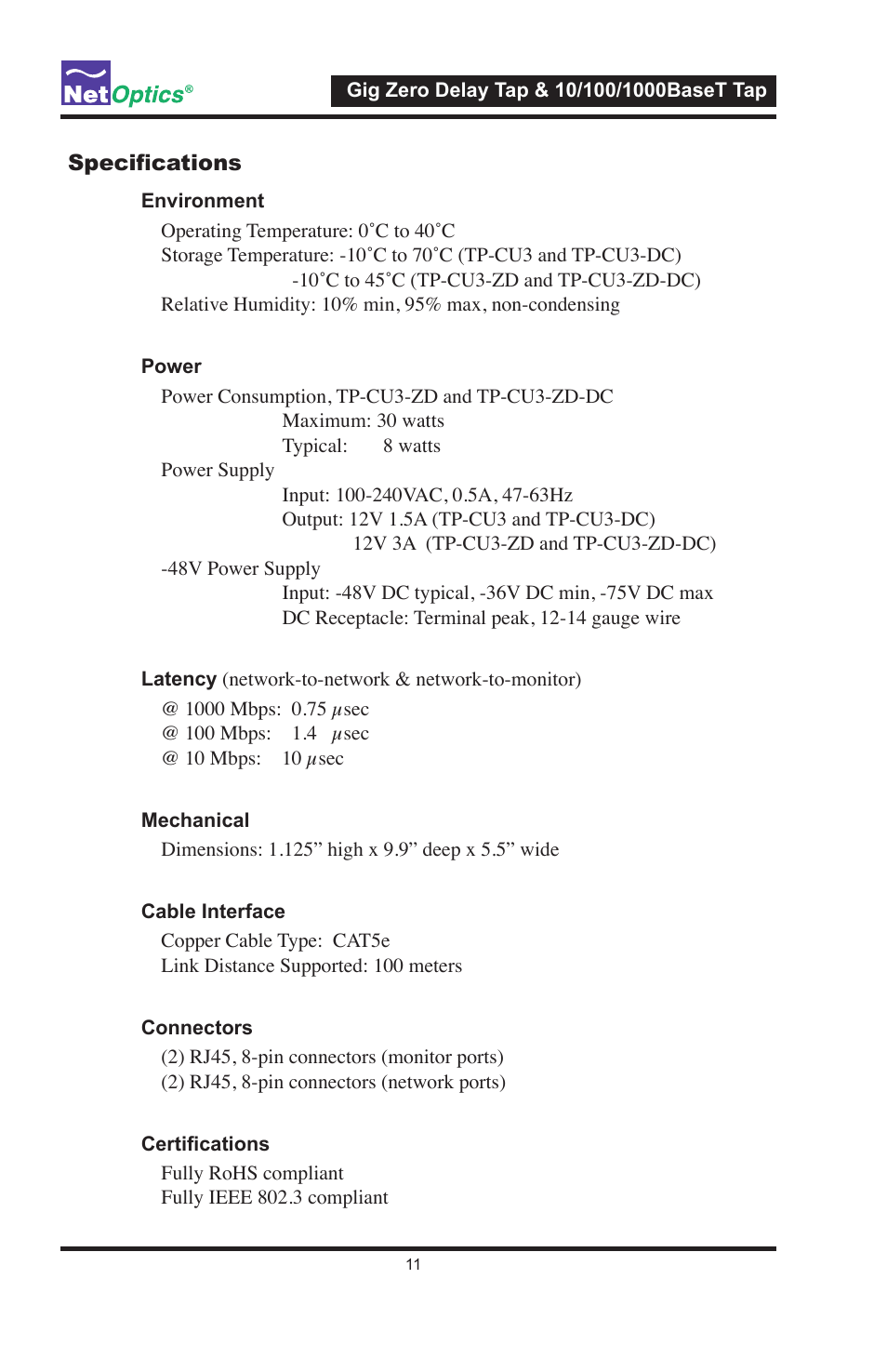 Specifications | Net Optics 10_100_1000BaseT Tap User Manual | Page 14 / 16
