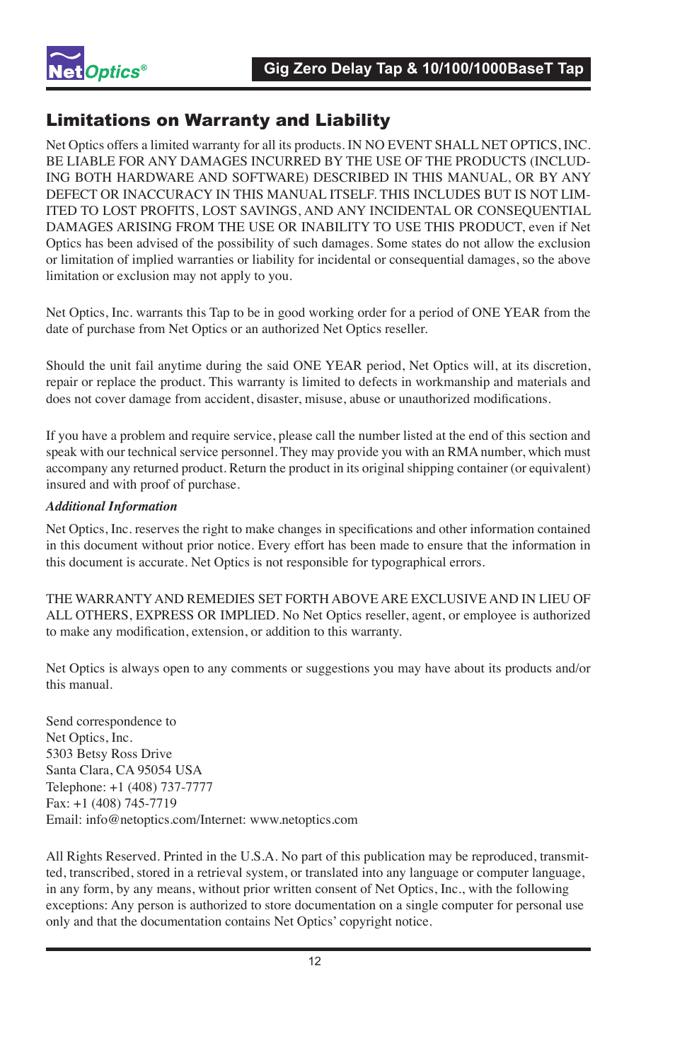 Limitations on warranty and liability | Net Optics 10_100_1000BaseT Tap User Manual | Page 15 / 16