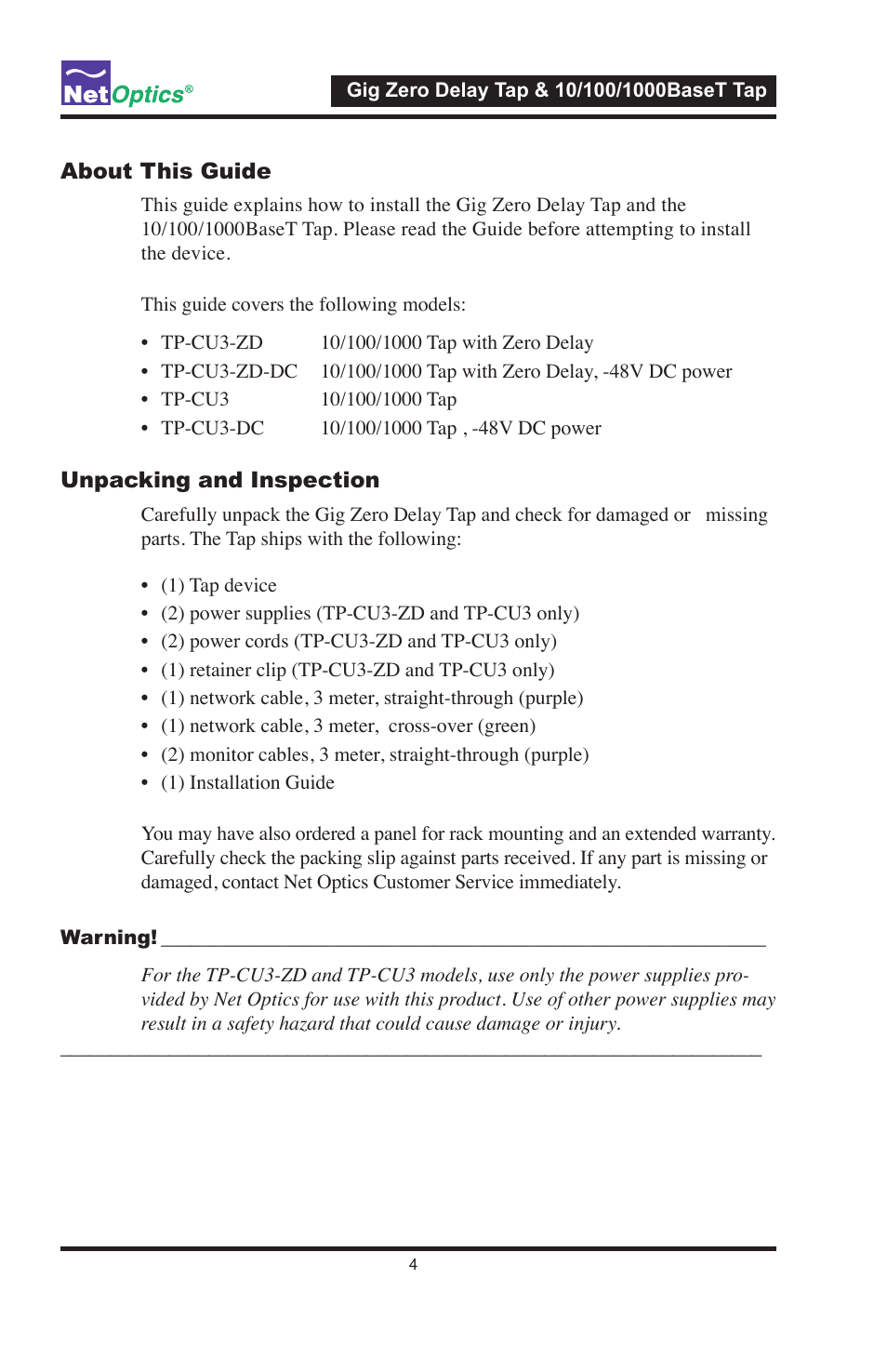 Unpacking and inspection | Net Optics 10_100_1000BaseT Tap User Manual | Page 7 / 16