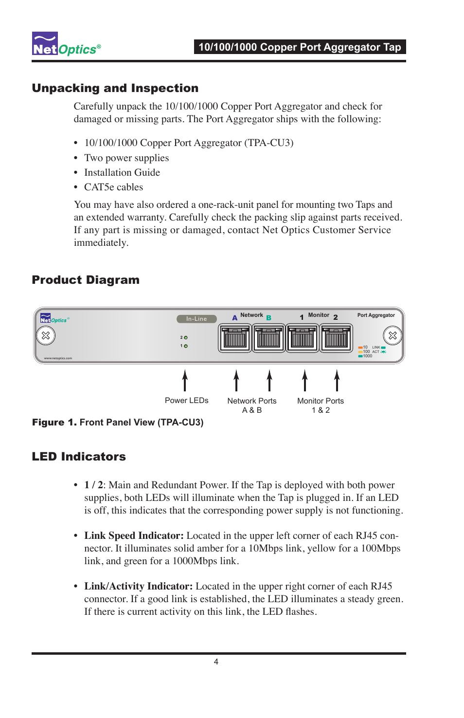 Product_diagram led_indicators, Unpacking_and_inspection | Net Optics 10_100_1000 Copper Port Aggregator User Manual | Page 8 / 16