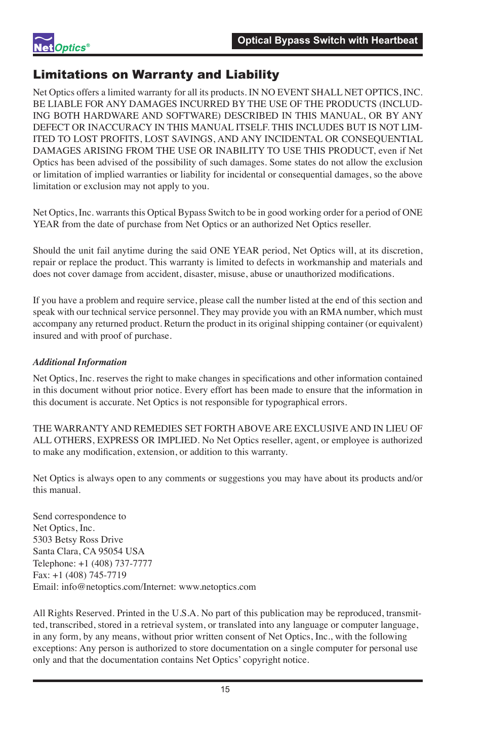 Limitations on warranty and liability | Net Optics Optical Bypass Switch w_Heartbeat User Manual | Page 19 / 20