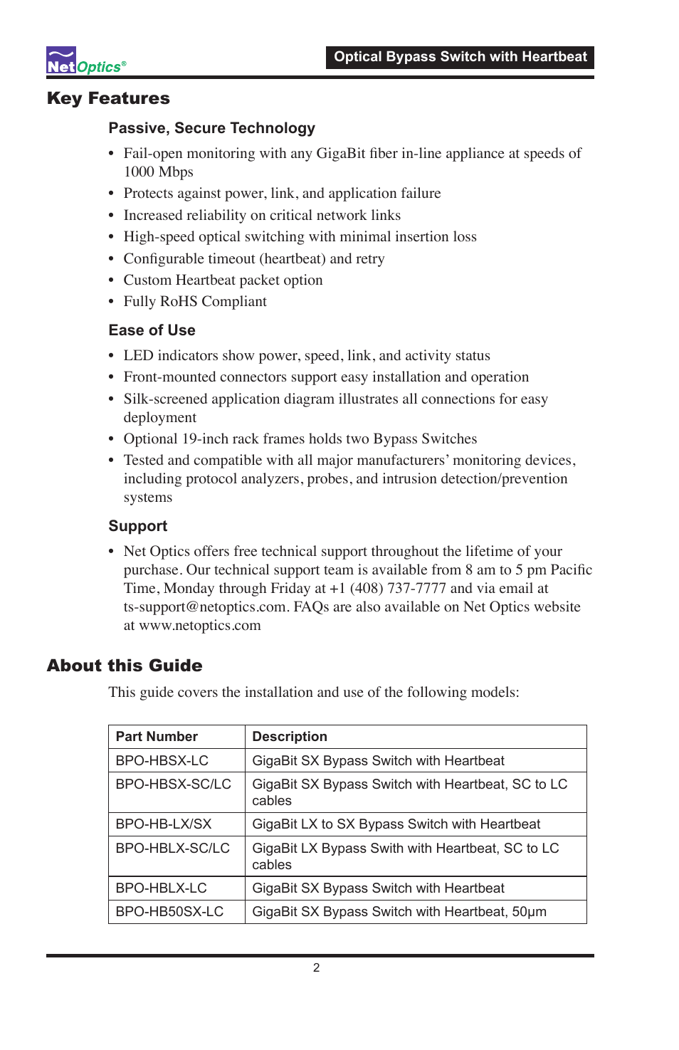 Key features, About this guide | Net Optics Optical Bypass Switch w_Heartbeat User Manual | Page 6 / 20