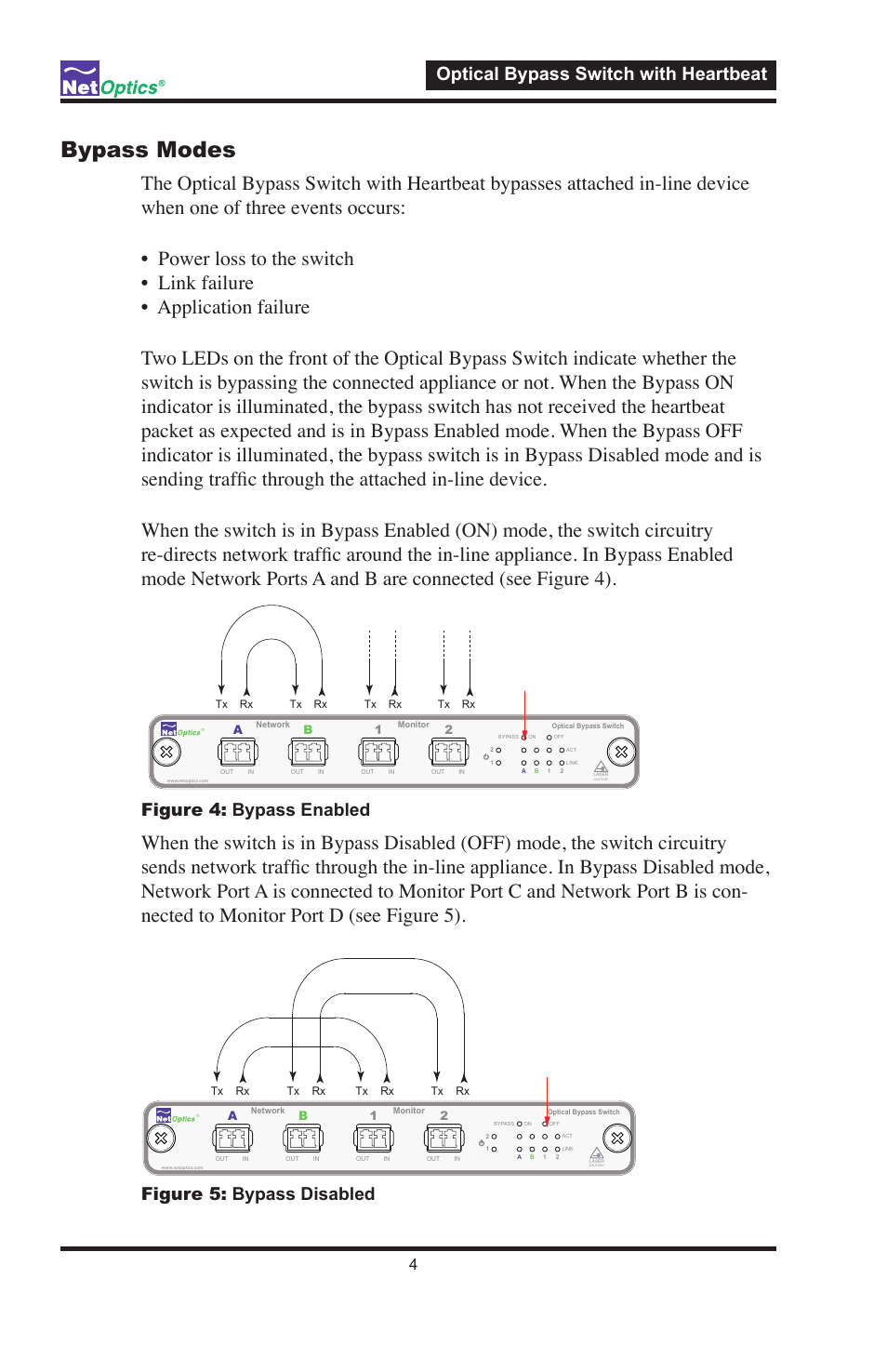 Bypass modes, Optical bypass switch with heartbeat, Figure 4: bypass enabled | Figure 5: bypass disabled | Net Optics Optical Bypass Switch w_Heartbeat User Manual | Page 8 / 20