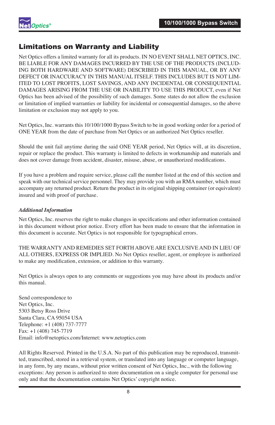 Limitations on warranty and liability | Net Optics 10_100_1000 Bypass Switch User Manual | Page 12 / 16
