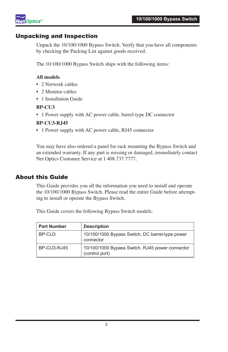 Unpacking and inspection, About this guide | Net Optics 10_100_1000 Bypass Switch User Manual | Page 7 / 16