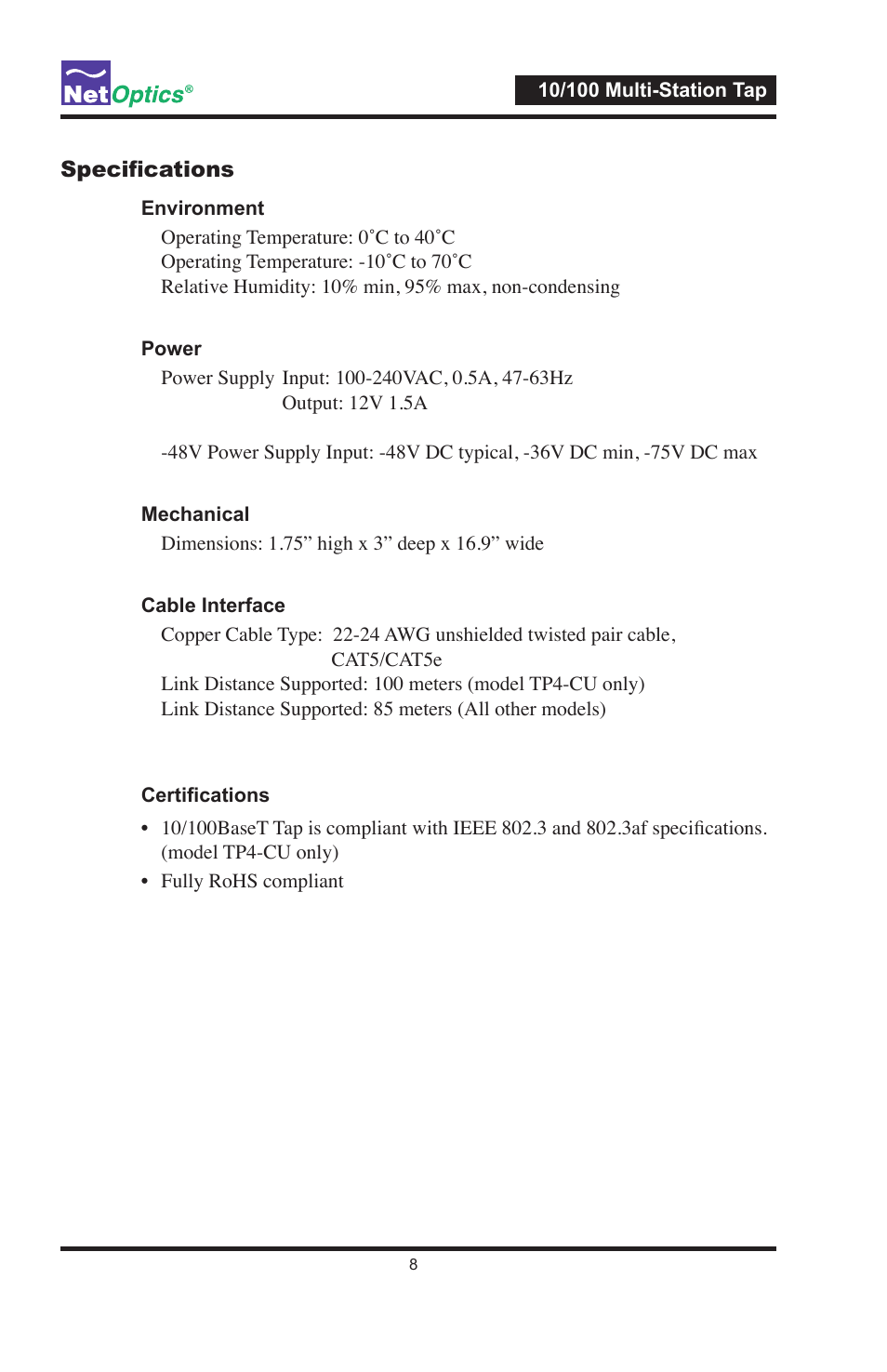 Net Optics 10_100BaseT Multi-Station Tap User Manual | Page 12 / 16