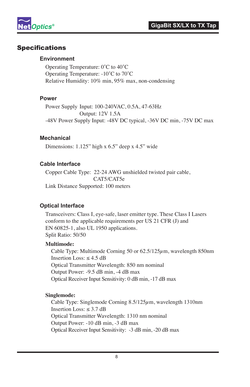 Net Optics GigaBit SX_LX to TX Tap User Manual | Page 12 / 16