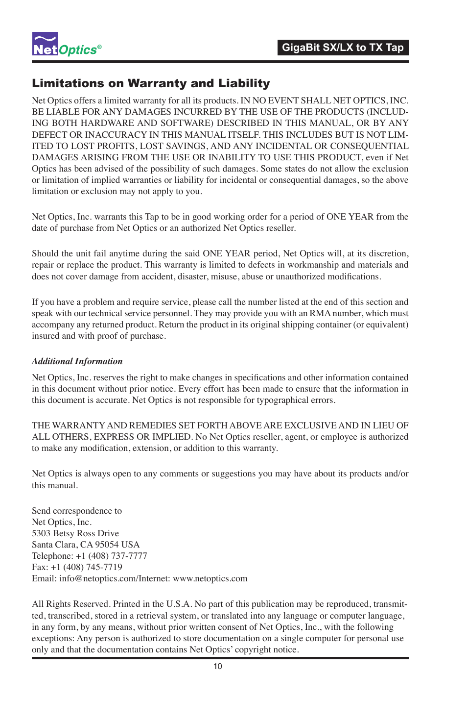 Limitations on warranty and liability | Net Optics GigaBit SX_LX to TX Tap User Manual | Page 14 / 16