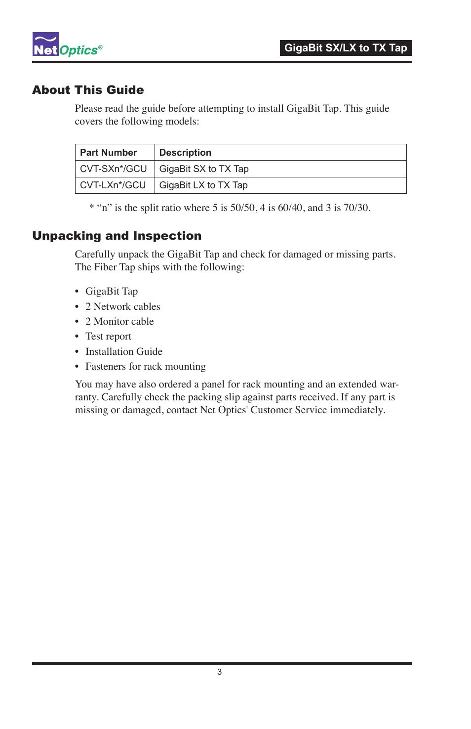 About this guide, Unpacking and inspection | Net Optics GigaBit SX_LX to TX Tap User Manual | Page 7 / 16