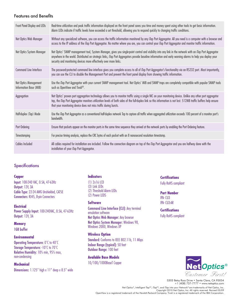 Features and benefits, Specifications | Net Optics iTap 10_100_1000BaseT Port Aggregator User Manual | Page 4 / 8