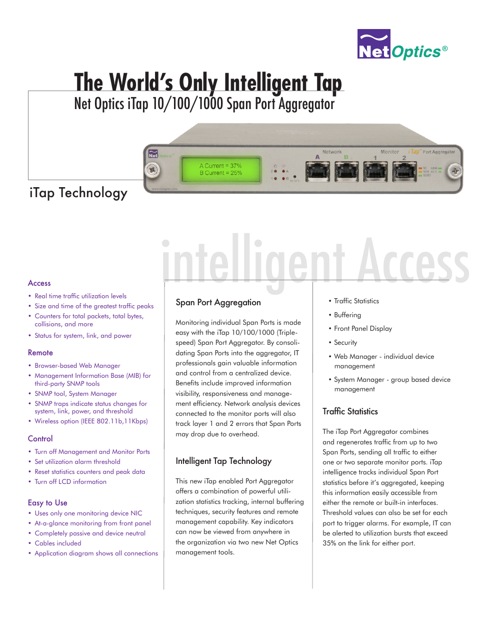 Pubippascu3d, Intelligent access, The world’s only intelligent tap | Itap technology | Net Optics iTap 10_100_1000BaseT Port Aggregator User Manual | Page 5 / 8