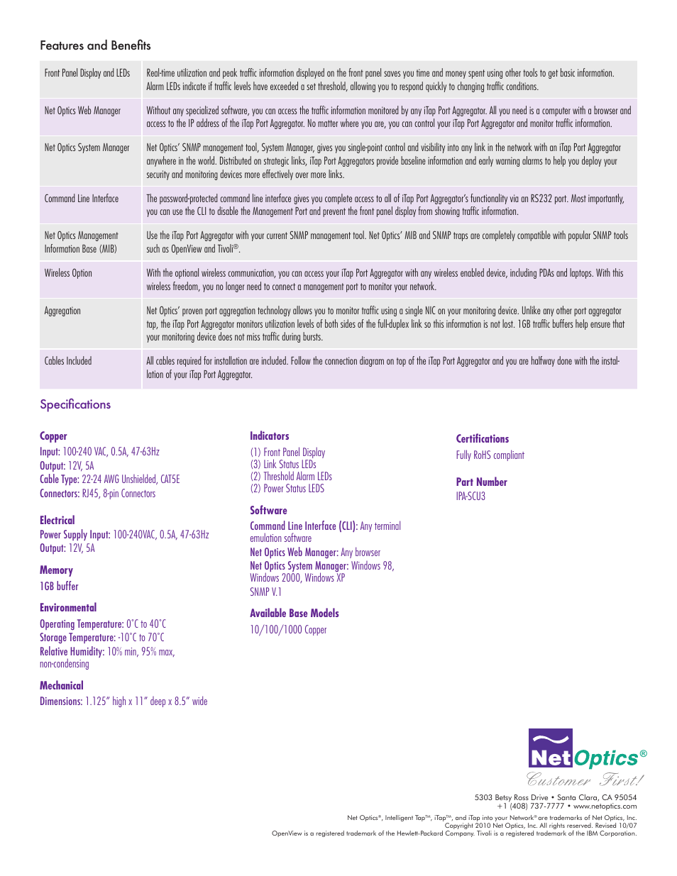 Features and benefits, Specifications | Net Optics iTap 10_100_1000BaseT Port Aggregator User Manual | Page 8 / 8