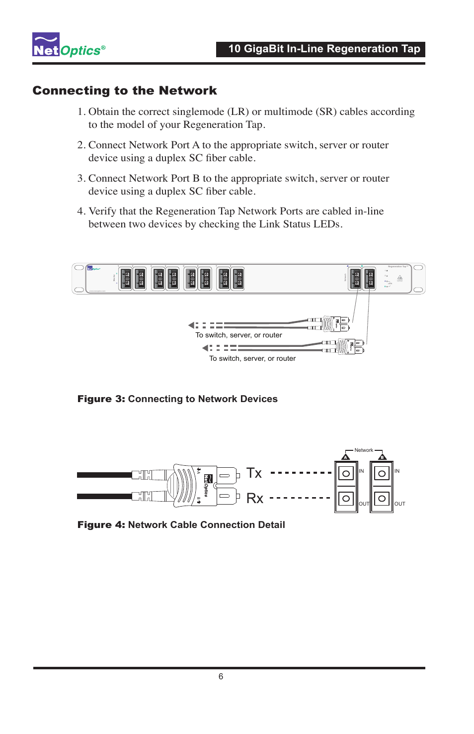 Tx rx, Connecting to the network, 10 gigabit in-line regeneration tap | Net Optics 10 GigaBit In-Line Regeneration Taps User Manual | Page 10 / 20