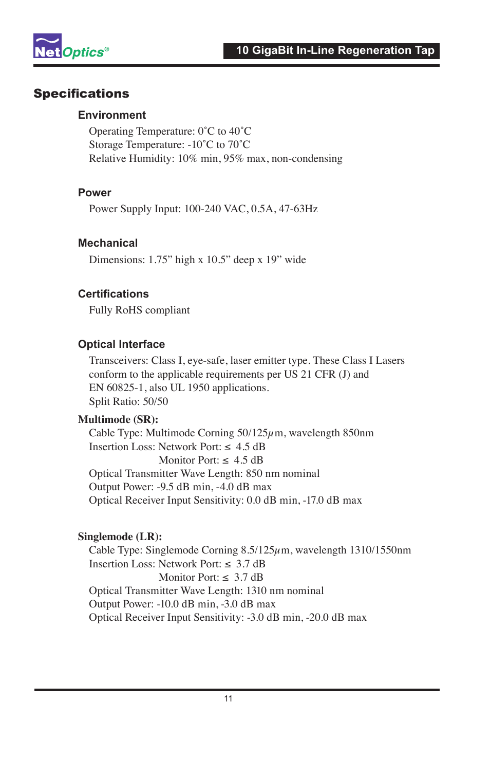 Net Optics 10 GigaBit In-Line Regeneration Taps User Manual | Page 15 / 20