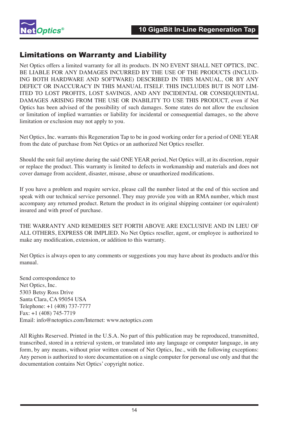 Limitations on warranty and liability | Net Optics 10 GigaBit In-Line Regeneration Taps User Manual | Page 18 / 20