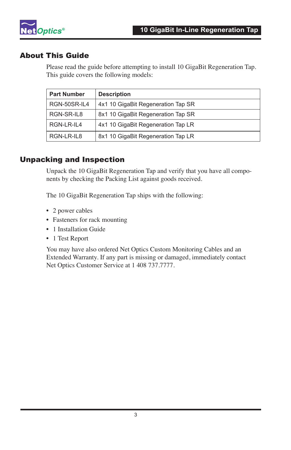 About this guide, Unpacking and inspection | Net Optics 10 GigaBit In-Line Regeneration Taps User Manual | Page 7 / 20