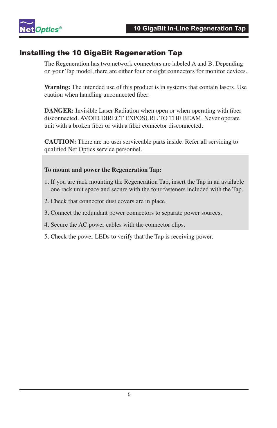 Net Optics 10 GigaBit In-Line Regeneration Taps User Manual | Page 9 / 20