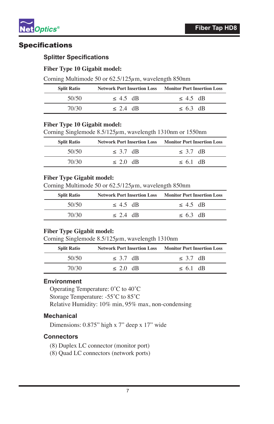 Specifications | Net Optics Fiber Tap HD8 User Manual | Page 11 / 16