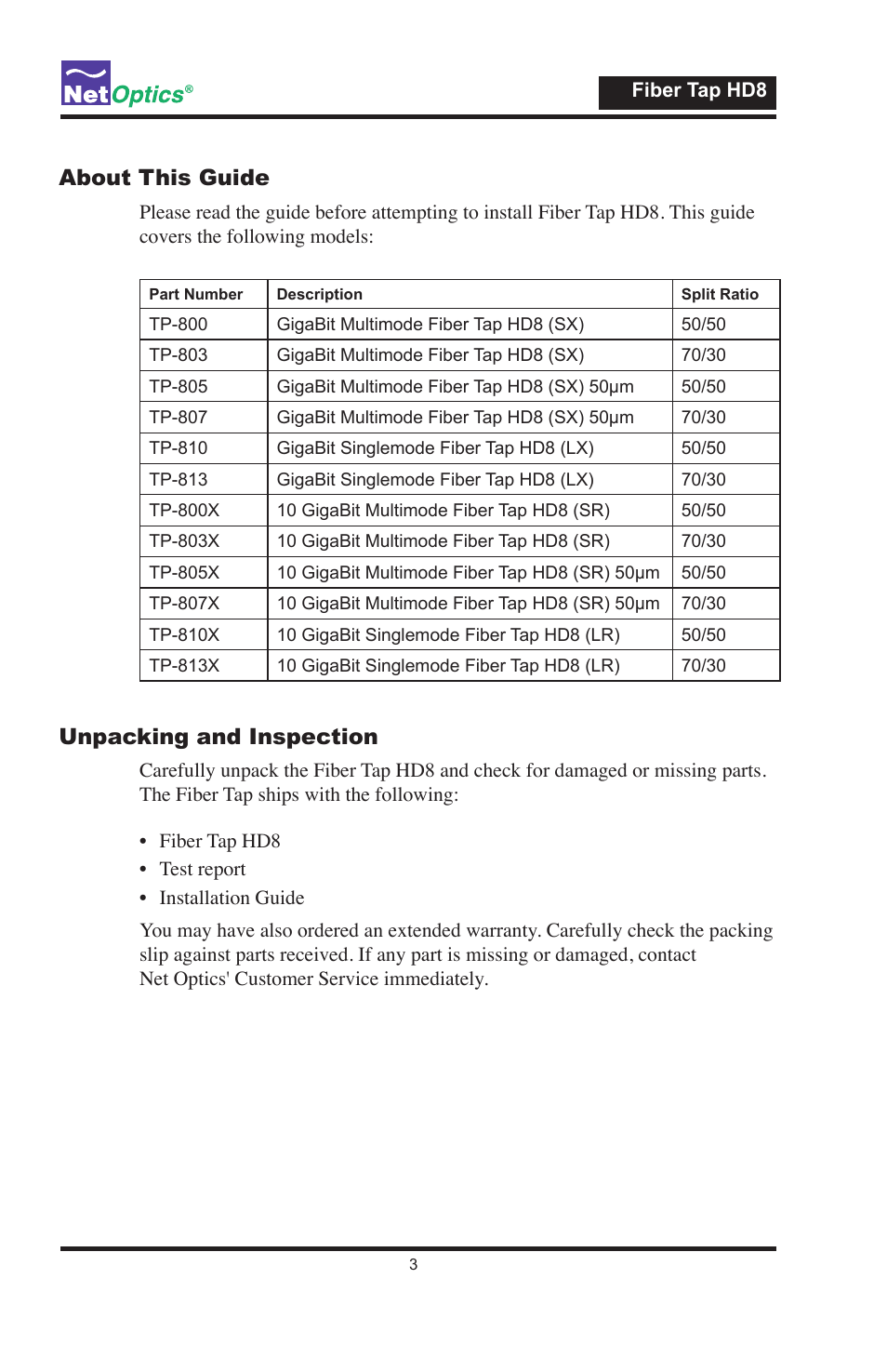 About this guide, Unpacking and inspection | Net Optics Fiber Tap HD8 User Manual | Page 7 / 16