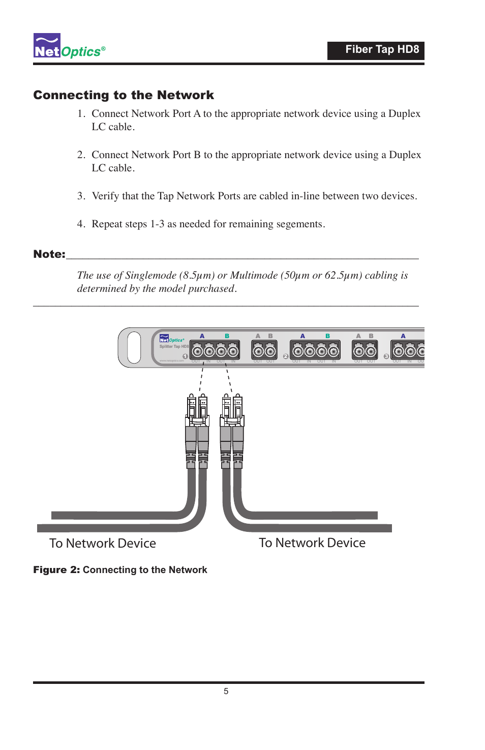 Connecting to the network, Fiber tap hd8, Figure 2: connecting to the network | Net Optics Fiber Tap HD8 User Manual | Page 9 / 16