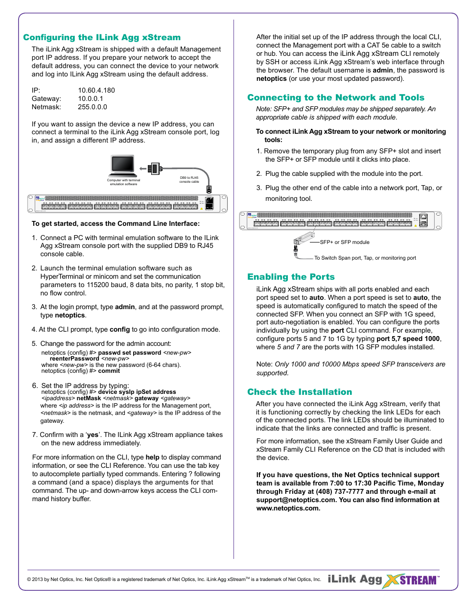 Ilink agg, Connecting to the network and tools, Enabling the ports | Check the installation, Configuring the ilink agg xstream, Set the ip address by typing | Net Optics iLink Agg xStream User Manual | Page 2 / 2