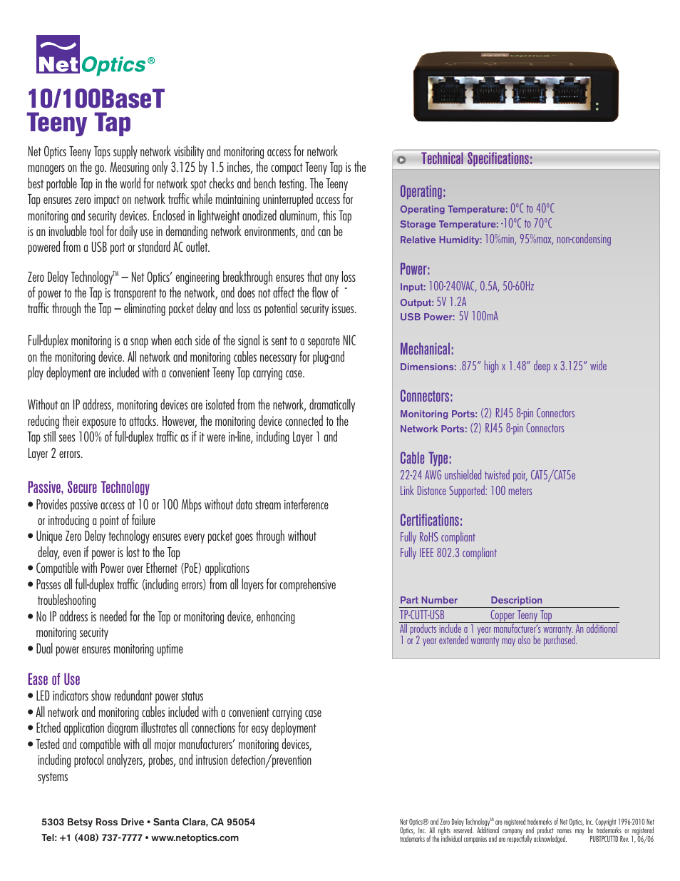 Net Optics 10_100BaseT Teeny Tap User Manual | 1 page