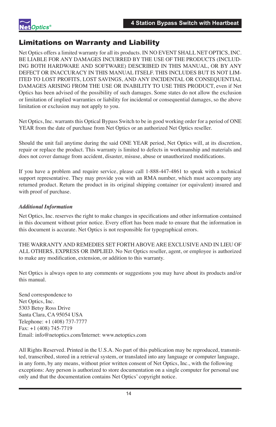 Limitations on warranty and liability | Net Optics 4 Station Bypass Switch w_Heartbeat User Manual | Page 18 / 20