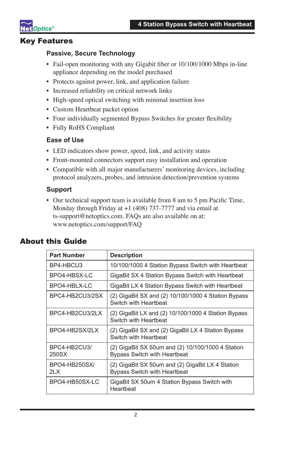 Key features, About this guide | Net Optics 4 Station Bypass Switch w_Heartbeat User Manual | Page 6 / 20
