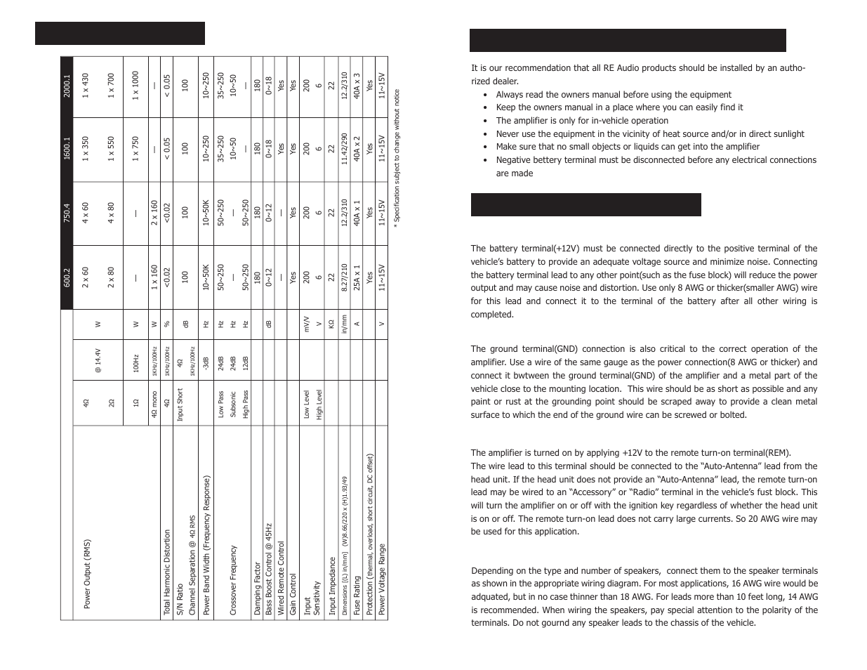 Wiring instructions, Read first, Specifications | Power connection, Ground connection, Remote turn-on connection, Speaker connection | RE Audio DTX series User Manual | Page 3 / 6