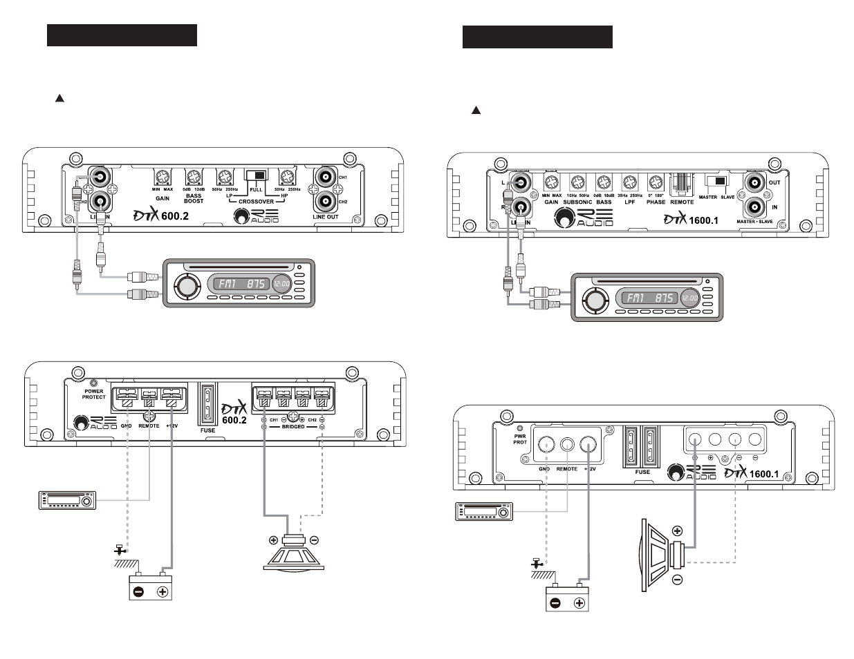 Connections, Channel [dtx-600.2] amplifiers [bridged wiring | RE Audio DTX series User Manual | Page 5 / 6