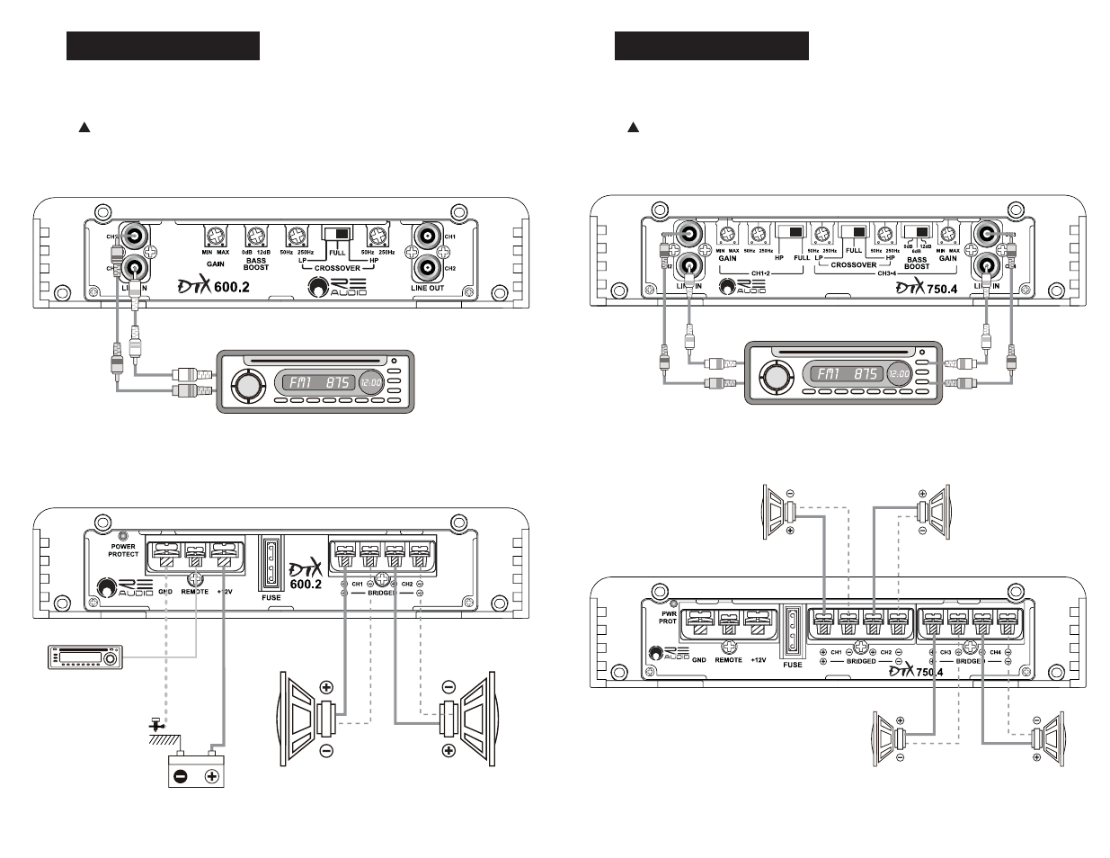 Connections, Channel [dtx-600.2] amplifiers [basic wiring, Channel [dtx-750.4] amplifiers [basic wiring | RE Audio DTX series User Manual | Page 6 / 6
